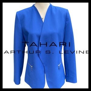 Tahari Arthur S Levine Cobalt Blue Open Front Zipper Pocket Blazer Jacket (10)